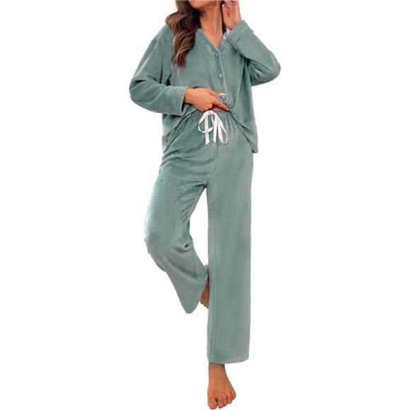 Women's Fluffy Pajamas Set 2 Piece Winter Warm Sleepwear Fuzzy, Green